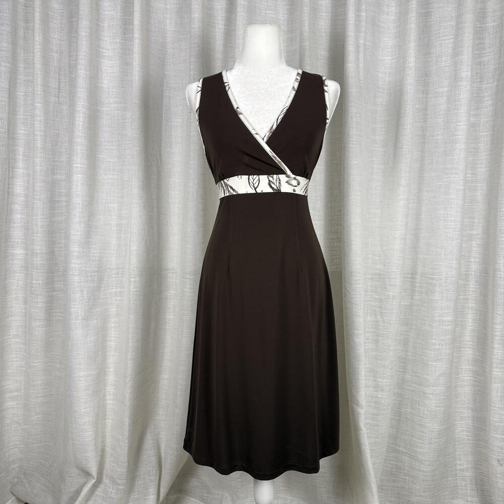 Petite Sophisticate Dress Womens Small Petite Brown Wrap V Neck Tie Waist Midi
